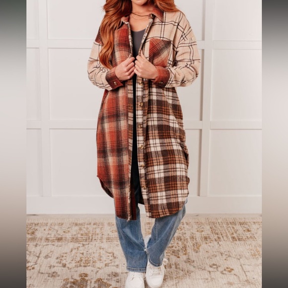 Brown and cream long plaid shacket, size small - Picture 9 of 9